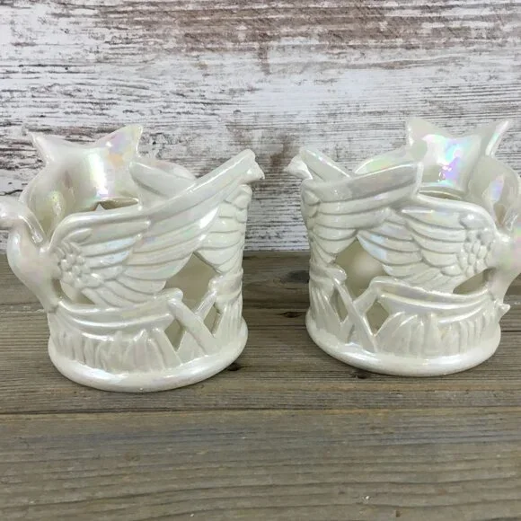 Set of 2 Ceramic Dove Bird & Star Votive Candle Holders Tall Pearl Iridescent - Picture 4 of 13